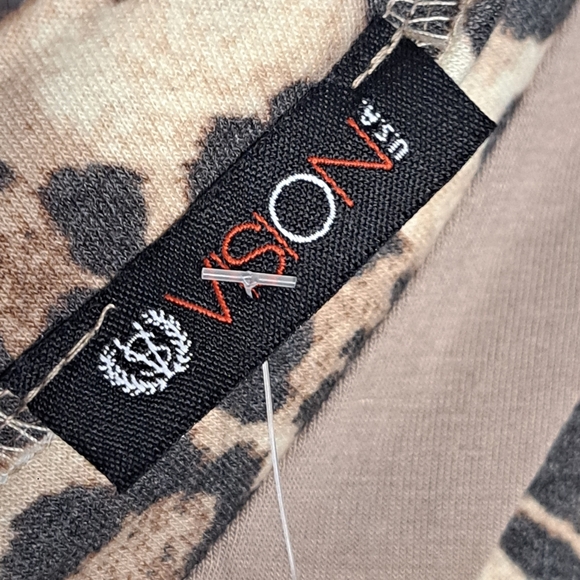 NWT Vision USA Blouse XL Leapoard Trim Tan Free Flowing V-Neck New - Picture 3 of 7